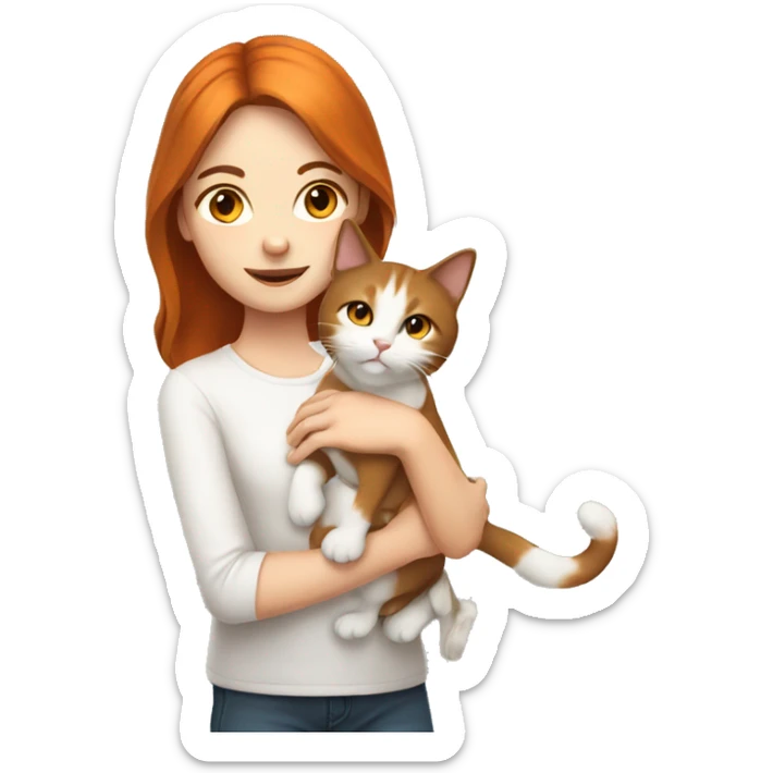 Girl with brown hair and white skin holding orange and white cat   sticker