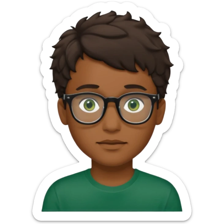 Garçon brun avec des cheveux ondulés courts, peu légèrement bronzée, des yeux verts foncés, un t shirt noir et des lunettes rectangulaires transparentes sticker