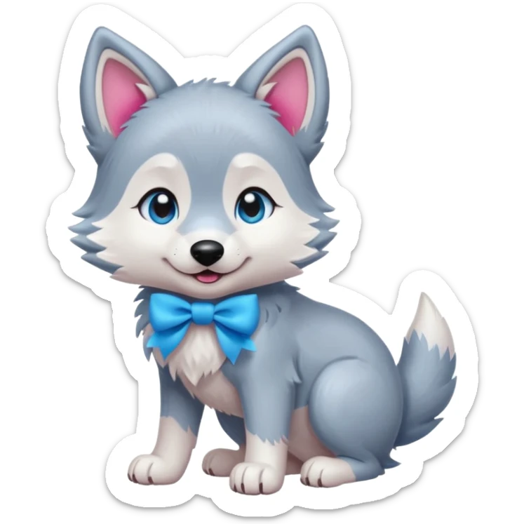 an animated gif-style sticker emote of a wolf puppy in a play-bow wagging its tail in a smooth, natural arc over its back. It has a pink bow on one ear and bright blue eyes sticker