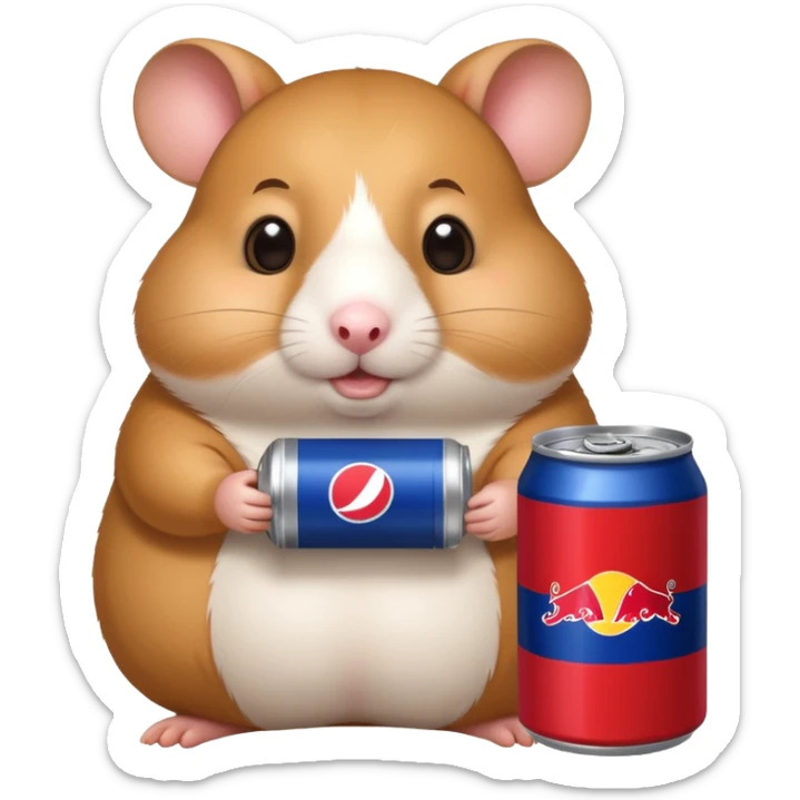 Funny cartoon-style fat hamster wide eyed with a can of redbull sticker