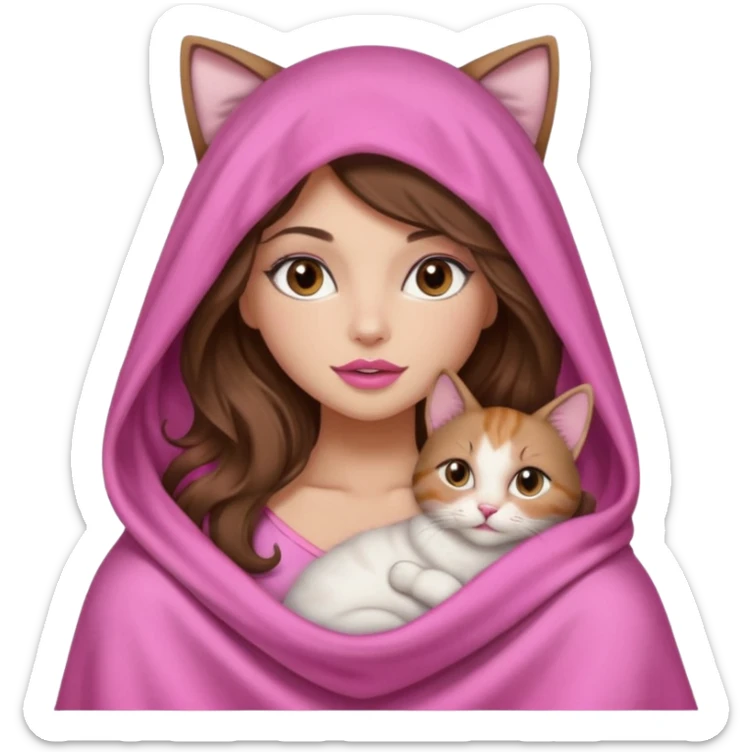girl with long wavy brown hair, brown eyes, long lashes makeup, sexy pink lips, light to medium complexion, wearing a pink sexy silk top, big blanket over the head cozy holding a cat, no cat ears on the hood sticker