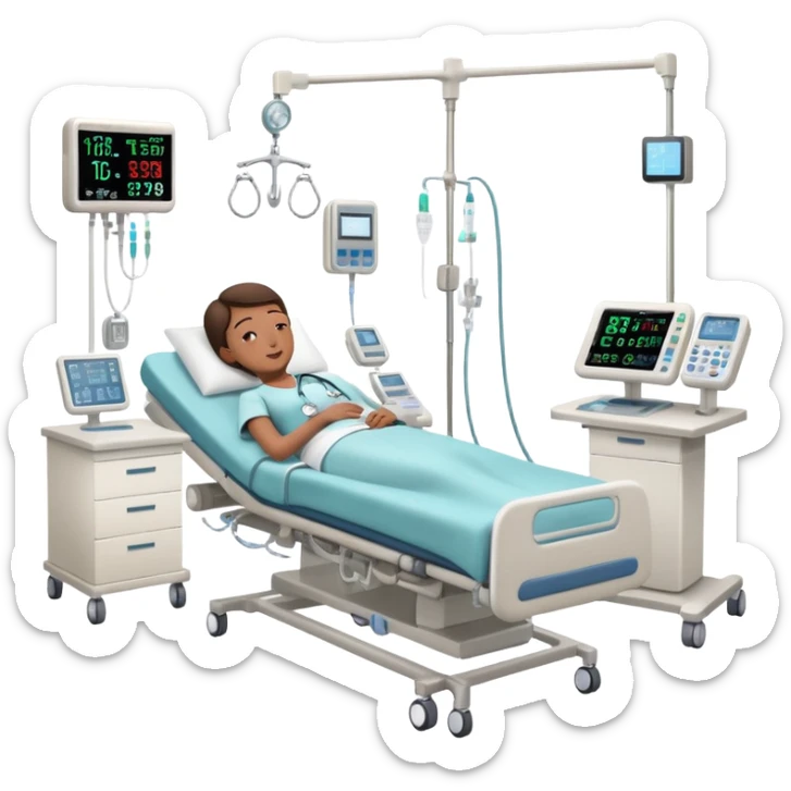 Hospital sleep laboratory room with patient in hospital bed connected to sleep monitoring equipment, nurse checking vitals, medical charts, and hospital IV stand sticker