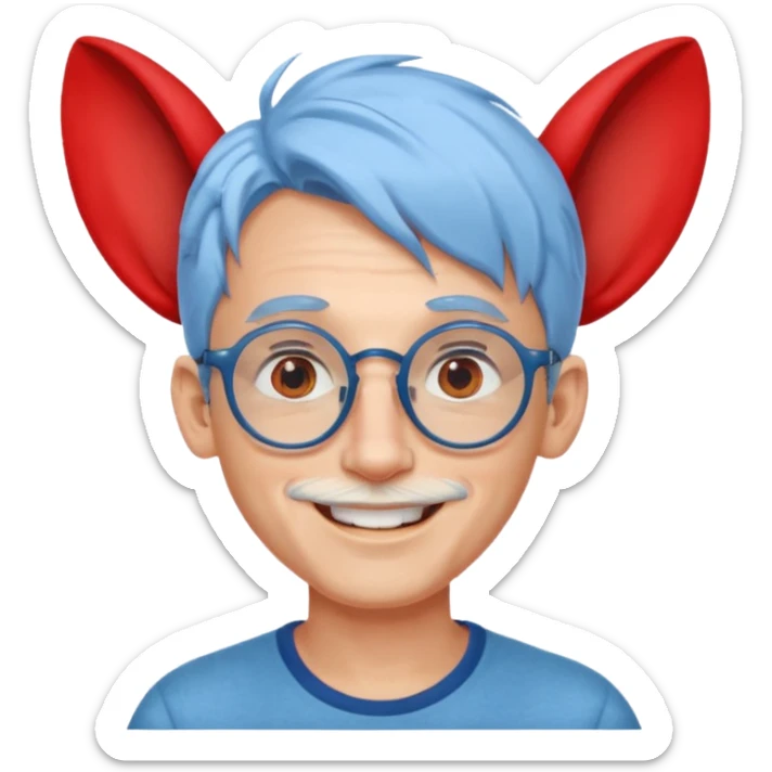 light blue haired man mid length hair with big ears and red earrings and spectaclesi happy sticker