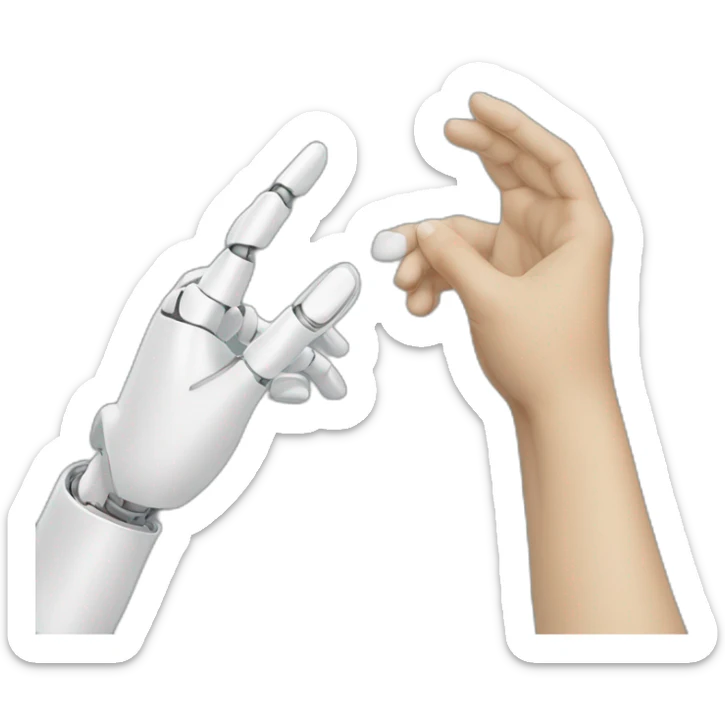 Human and robot fingers touching in style of creation of Adam’s fingers sticker