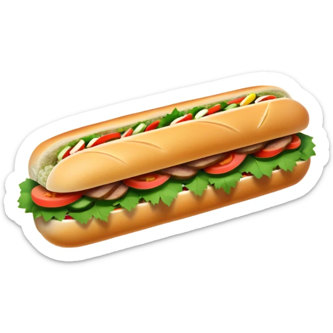 Banh Mi Cinematic Realistic Banh Mi Sandwich Dish Emoji, depicted as a simple, small baguette filled with fresh ingredients, rendered with crisp textures and vibrant, inviting lighting. sticker