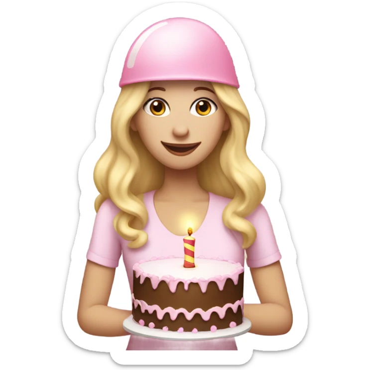 White woman, long hair, blonde hair, wavy hair, baby pink party hat, holding birthday cake sticker