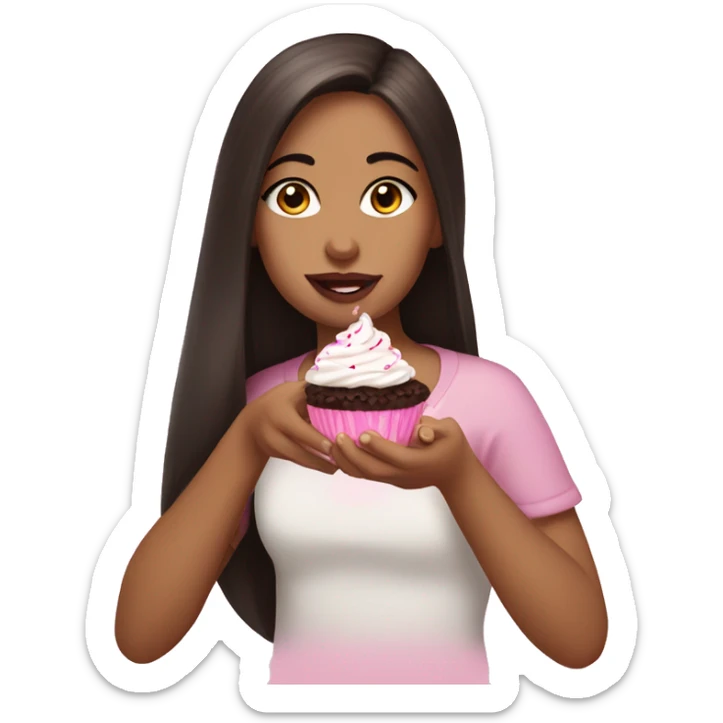 girl with pretty eyelashes and long dark brown hair and brown eyes and pink lips eating a cupcake  sticker