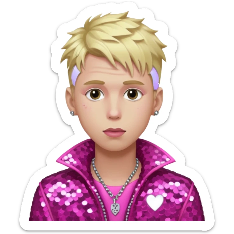 Machine Gun Kelly with blonde hair, dark pink sequin outfit sticker