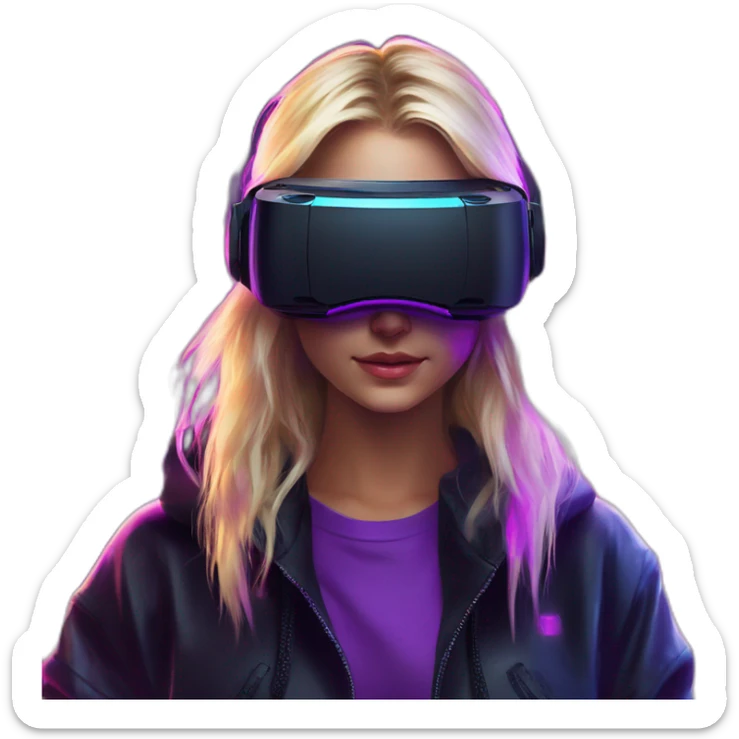 Russian blondy girl celebrating her birthday wearing a black hoodie and VR headset in a cyberpunk VR environment with violet neon lighting sticker