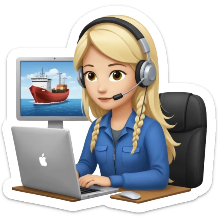 a blondie woman with long hair working with a computer laptop and a grains cargo vessel (boat) around sticker