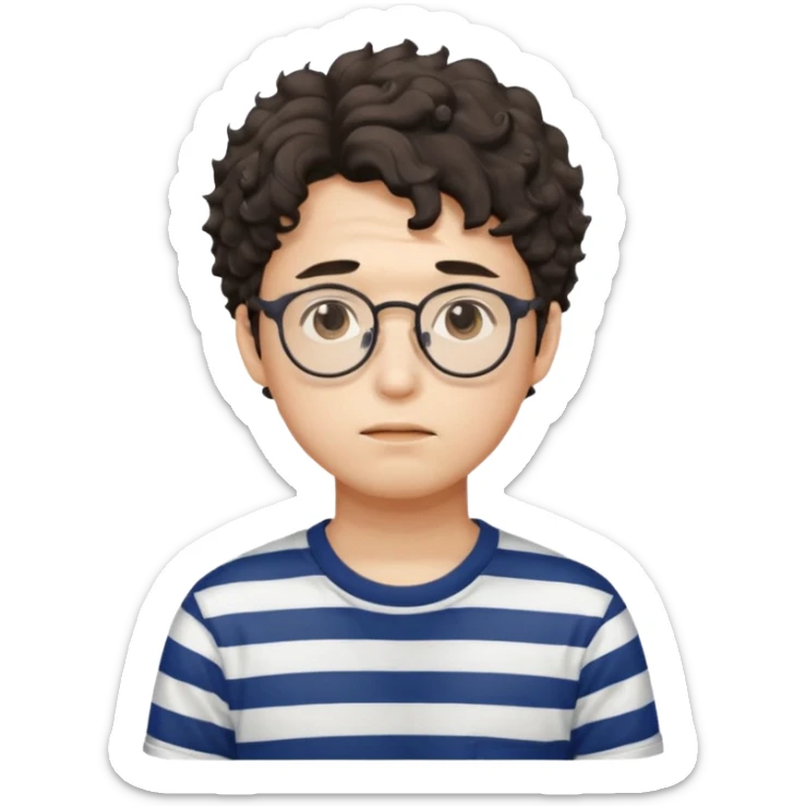  Korean male college student with a worried face , glasses with a bit curly hair, stripe t-shirt sticker