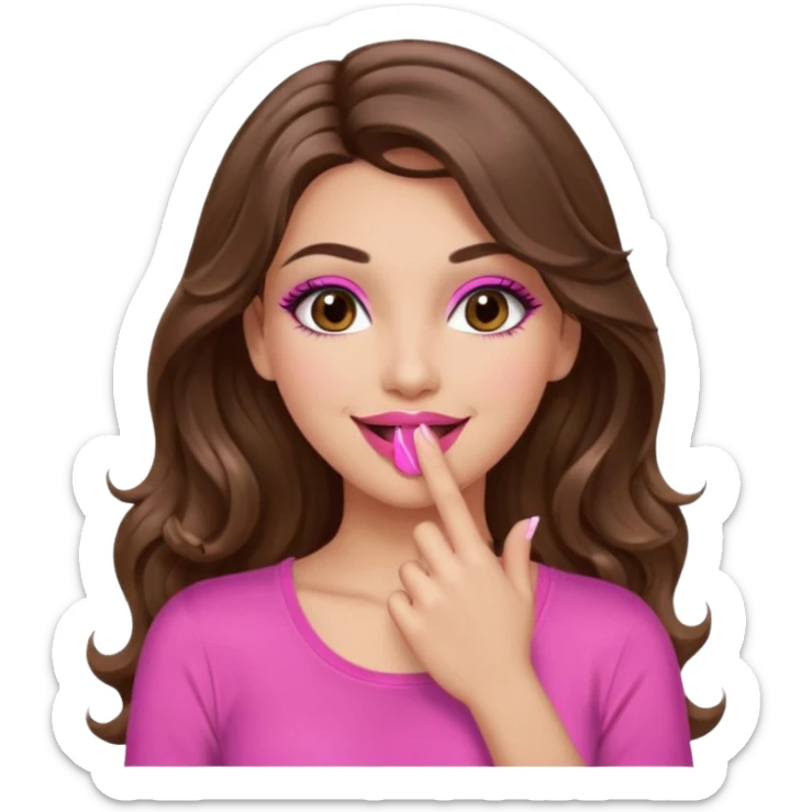 girl with long wavy brown hair, brown eyes, long lashes makeup, sexy pink lips, light to medium complexion, pink sexy top, smiling, hand covering mouth sticker