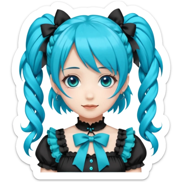 anime-style female character with bright turquoise hair styled in twin tails and matching blue eyes. Her outfit is a frilly turquoise and black dress in a Lolita-esque style, heavily contrasted with black ribbons and trim. A key detail is the "AWP" logo in black on the chest. VERY happy variant sticker
