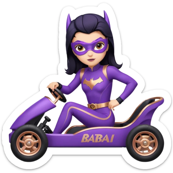 Hot full size real-appearance racing action BatGirl’s Lego feminine midnight-purple tight outfit sixty’s tv show 1992 stealthy retro sporty petite off-road pursuit hovering hover cruiser car rose gold accents (black hair,reclined and relaxed seating position and attitude) go kart  sticker