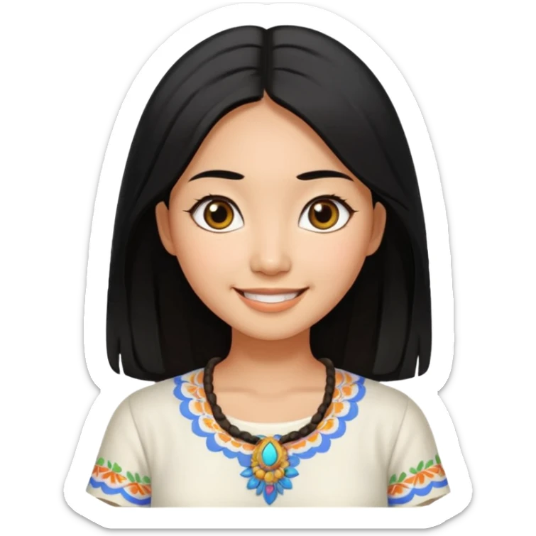 30 yr old asian woman center parted hair big eyes big smile tanned skin straight black hair hippie part hair white blouse sticker