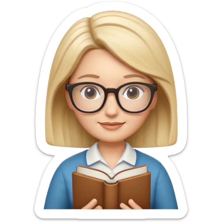 Apple Memoji-style 3D emoji of a librarian wearing glasses holding a book, clean gradients, rounded shapes, no background. sticker