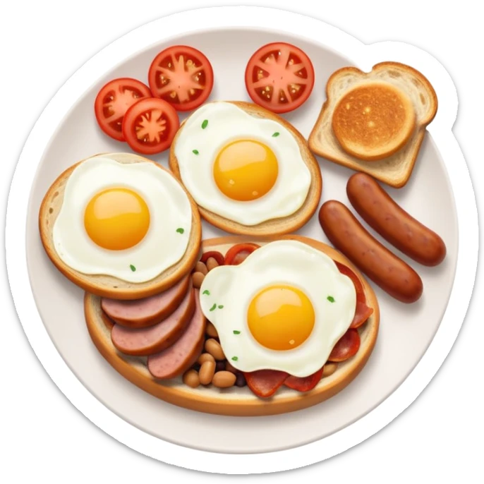 full English breakfast with eggs, bacon, sausage, beans, toast, and tomato, top-down view sticker