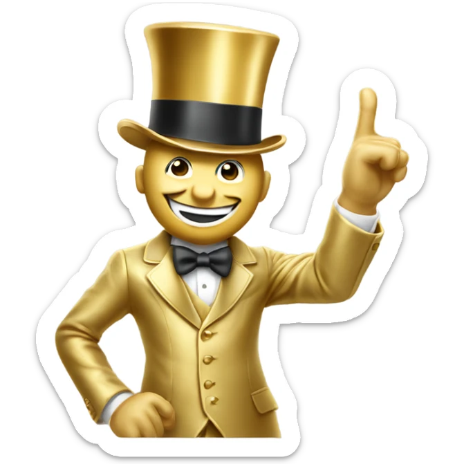 Monopoly man in the golden suit and golden hat winking and pointing to the viewer sticker