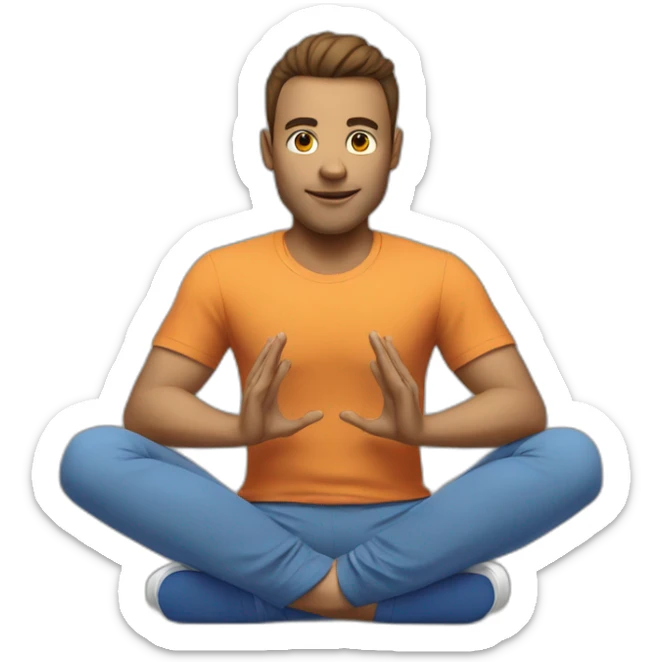 a gamer is sitting at a computer in a yoga pose in a blue T-shirt sticker