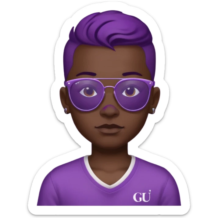 a boy with purple skin and sunglasses that has a tattoo on his forehead that says “gu4nto” sticker