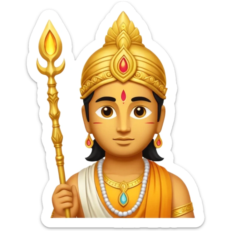 A minimal, divine emoji-style illustration of Lord Murugan, serene face, glowing vel (spear) symbol, bright golden aura, vibrant colors, simple rounded emoji design, high clarity, spiritual and peaceful expression, white background. sticker