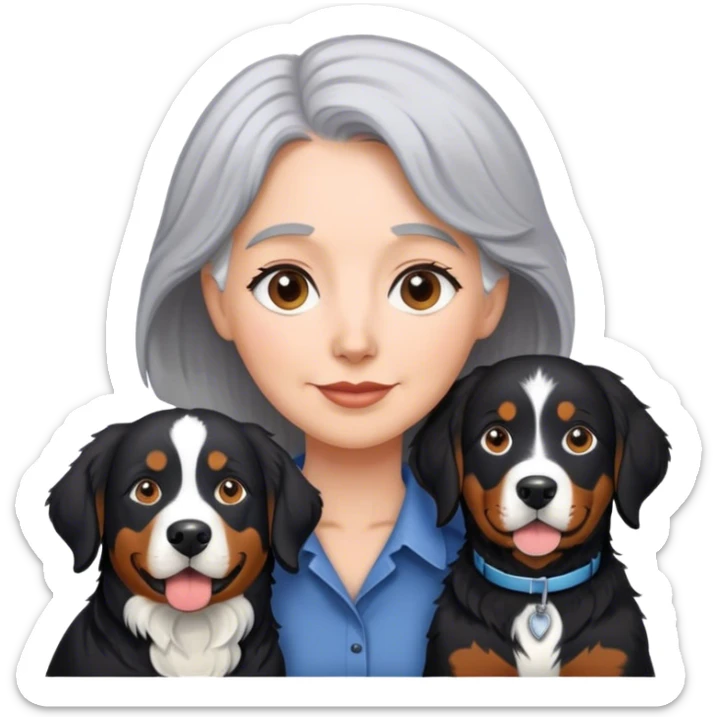 Gray hair Woman and black lab and Bernese mountain dog sticker