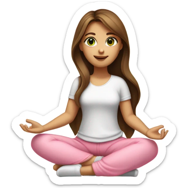 A girl with brown long hair, fair skin and green eyes is sitting in a lotus position in a white top and pink skirts sticker