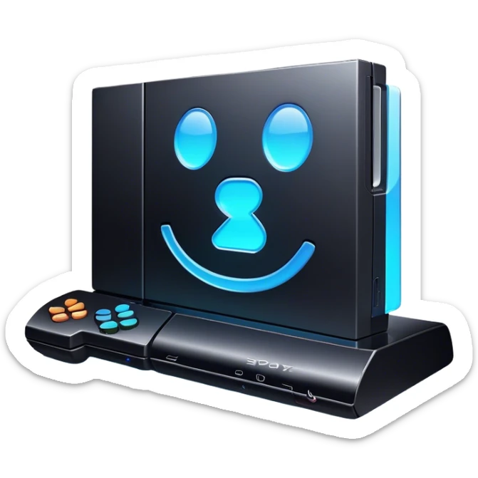 Clash of Clans aesthetic: Cinematic Playful PlayStation 3 Console Portrait Emoji, rendered in a 3D vector-style similar to standard emojis with minimal shading and bold, simplified shapes. A compact, distinct form with signature details, softly glowing with a cutting-edge console technology charm. Simplified yet unmistakably iconic, highly detailed and consistent, glowing with a soft radiance and high shine. Stylized with a touch of technological advancement and a soft glowing outline, capturing the essence of a beloved gaming relic with a friendly, playful manner! sticker