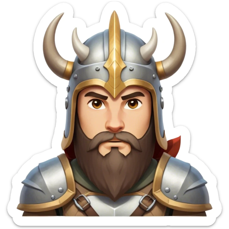 Clash of Clans aesthetic: Cinematic Fierce Viking Portrait Emoji, Poised and bold with a rugged yet stylized build, wearing a simple horned helmet and sporting a neatly trimmed beard, his face rendered in a natural skin tone, intense eyes reflecting fierce determination, Simplified yet dynamic features, highly detailed, glowing with a cool, battle-ready radiance, high shine, brave and resolute, stylized with an air of ancient Nordic valor, focused and commanding, soft glowing outline, capturing the essence of a fearless Viking adventurer ready to set sail on epic quests! sticker