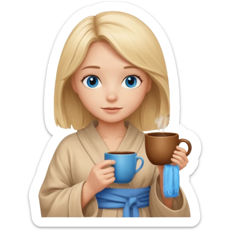 cozy blonde girl with middle length hair and blue eyes holds a brown cup in abeige  robe sticker