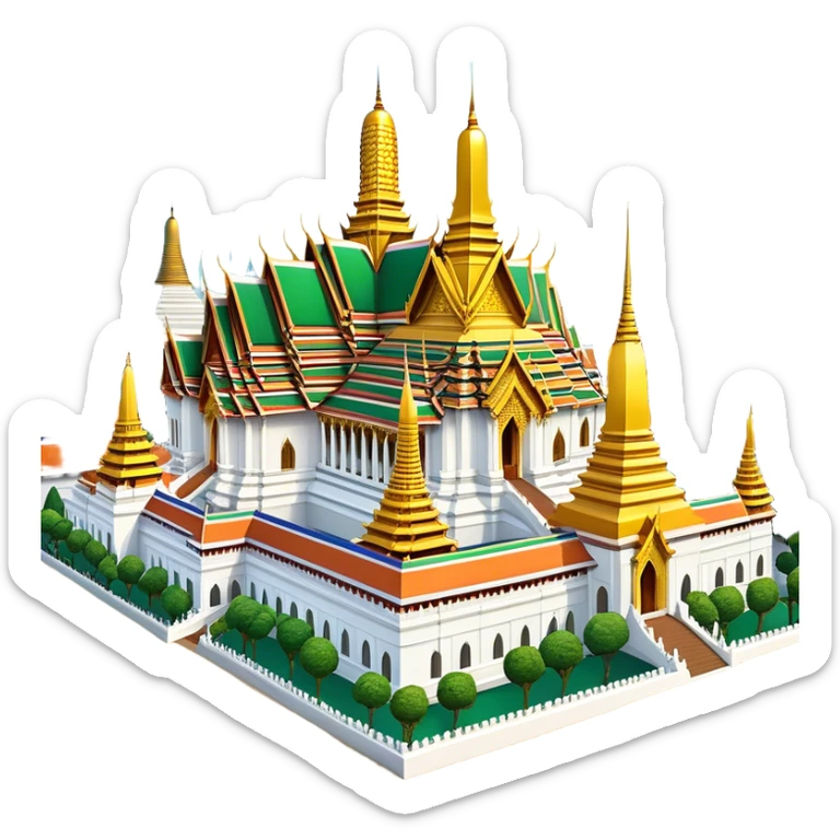 Cinematic Realistic Grand Palace Bangkok Landmark Emoji, showcasing the opulent golden spires, intricate Thai architecture, and the Emerald Buddha Temple set within a vibrant, manicured courtyard. sticker