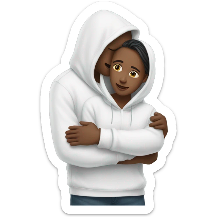 An emoji of a man wearing a white hoodie, standing next to his sister. He is hugging her warmly, showing a close sibling bond sticker