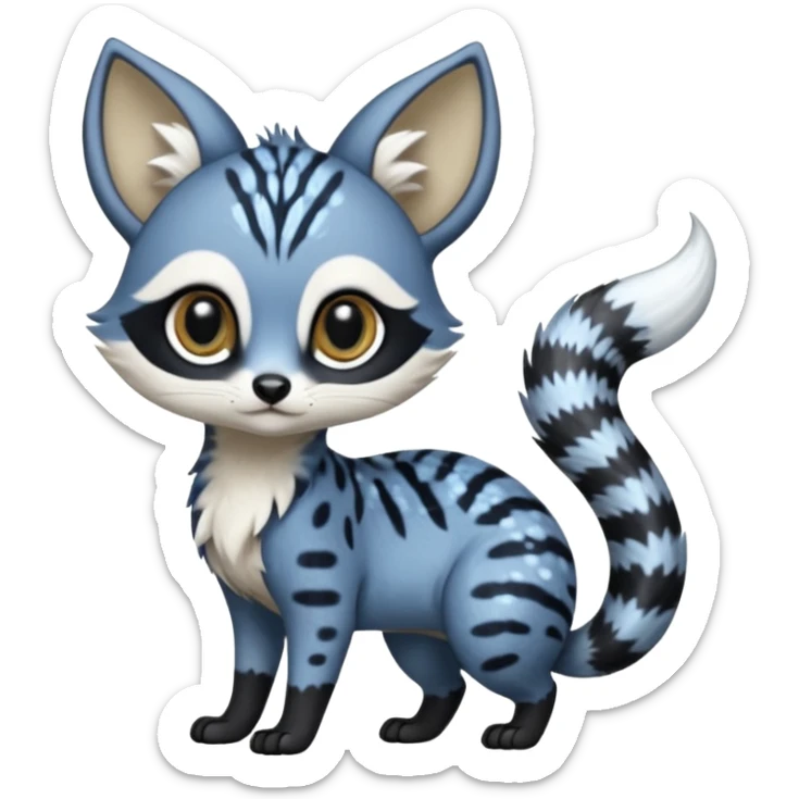 Snowy frosty Snow-lane chibi big-eyed sparkly-eyed animesque derpy cute graceful dark-blue-pointed Civet-Genet-Numbat-Ocelot-Ocicat-hybrid-fusion, full body, tufted short tail, long big ears, short muzzle, whiskers, random markings sticker