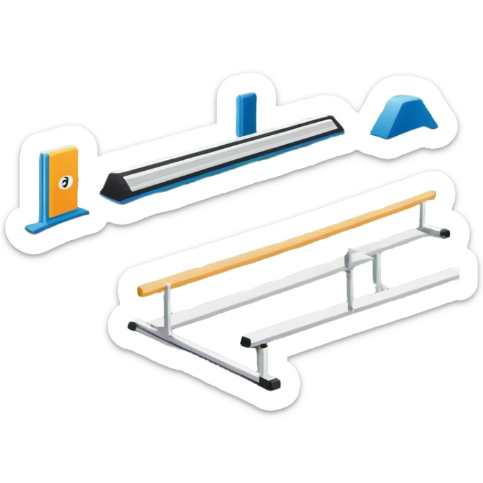 A collage of track and field equipment: a starting block, javelin, hurdle, discus, and high jump bar, symbolizing various disciplines. The background features a vibrant stadium with a running track, field events area, and cheering crowds.  sticker