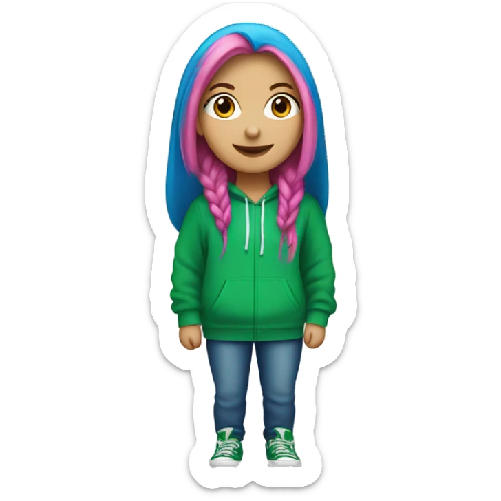 white girl with long bright blue hair wearing primary green hoodie sticker