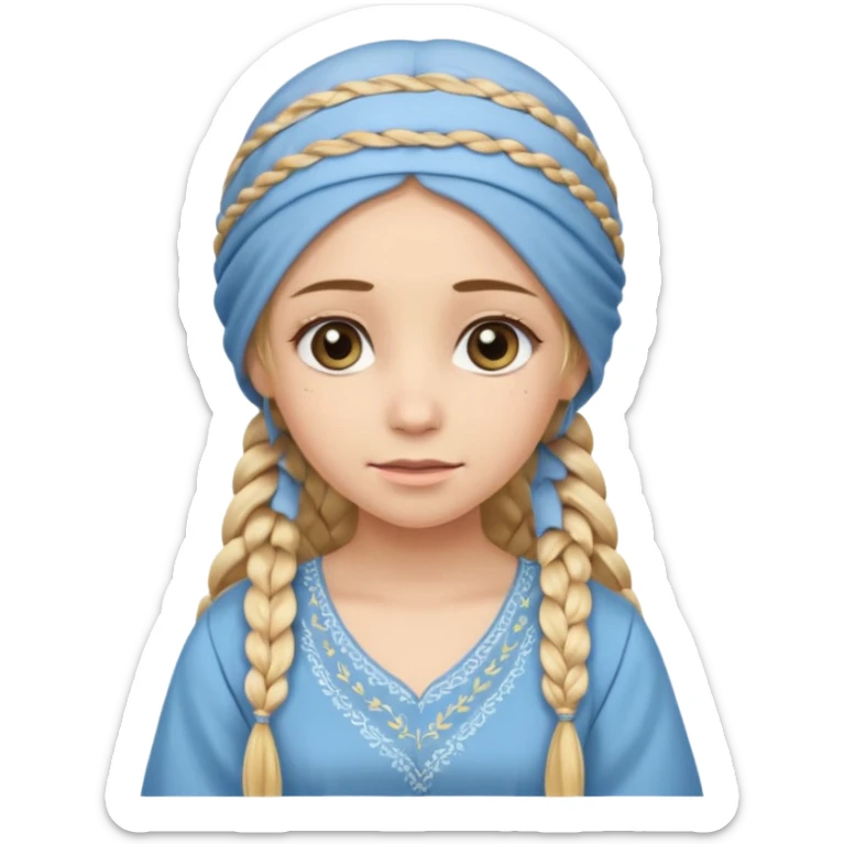 
mujer, Joven, de aspecto dulce y elegante.
Piel clara, ojos grandes y expresivos, sonrisa triste.
Rubio o castaño claro, largo, con trenzas o velo.
Vestido largo de tonos suaves (blanco, azul o lavanda), con bordados dorados; toca fina cubriendo la cabeza
 sticker