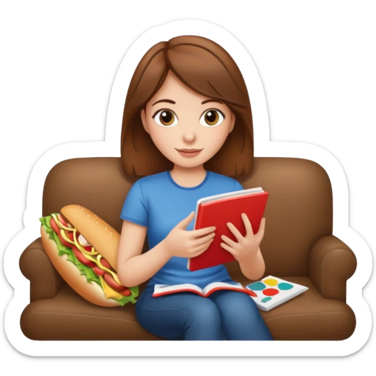 A brown hair woman on couch eating a sub and a coloring book sticker