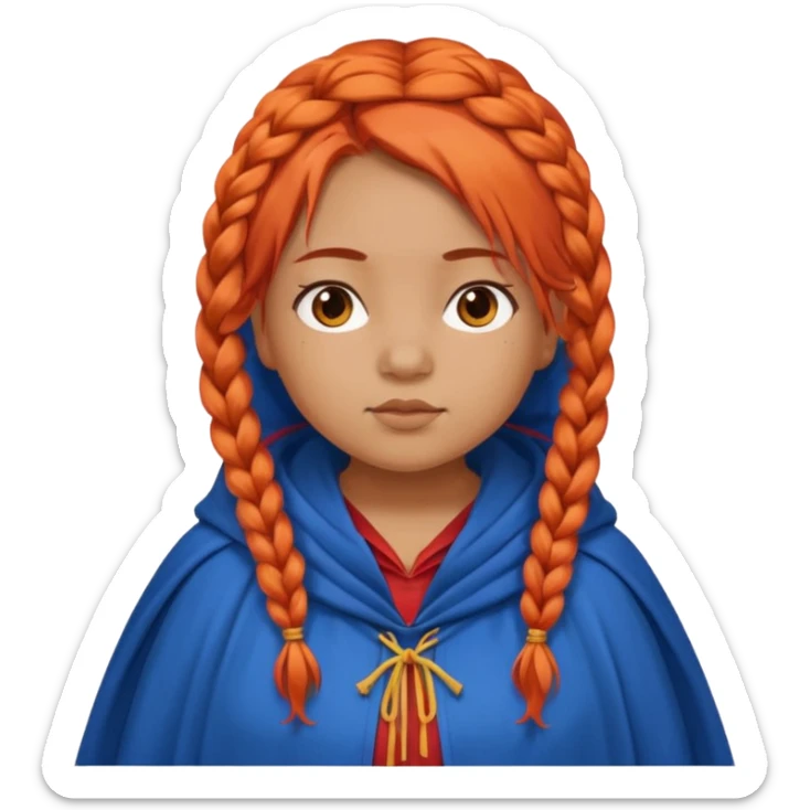 red orange braids hair girl, tan skin, fat, wear blue cloak sticker