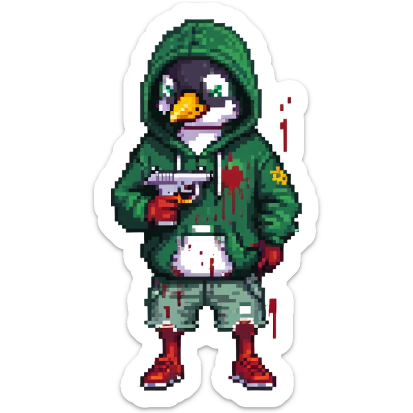 A cute half-dolphin half-penguin thug with a gun, green hoodie with blood stains, wearing Dollar General shorts sticker