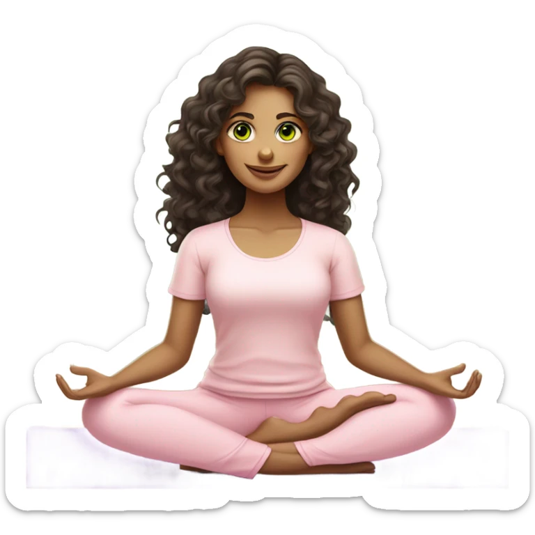 Dark brown long curly hair and green eyes yoga beautiful girl in light pink pink pink clothes sitting on a yoga mat sticker