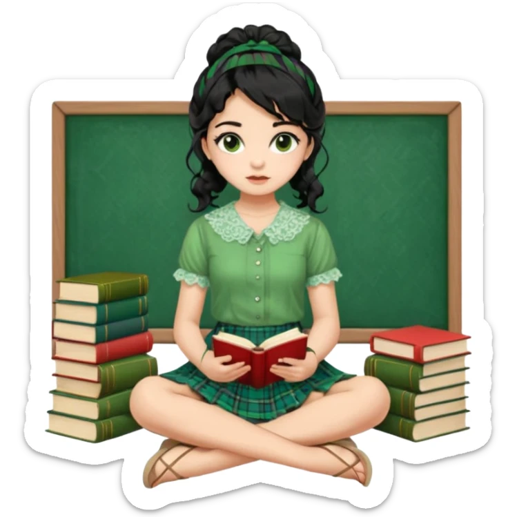 A beautiful girl wears a green lace blouse with short sleeves and a green lace skirt with a plaid pattern. Her long, curly black hair is styled in a messy bun. She holds books and crayons in her hands, and she is barefoot, sitting cross-legged on the floor. The illustration style is pop art. sticker