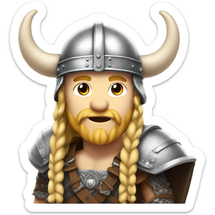 viking with long blonde hair and braids, white skin, wearing helmet with horns sticker