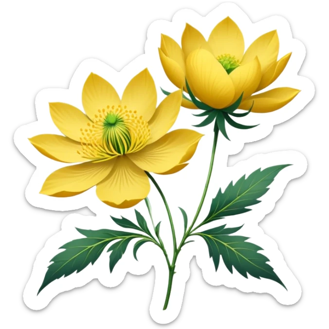 Japanese style Fukujuso (Adonis amurensis) flower in ukiyo-e inspired design, bright golden-yellow petals, green feathery leaves, traditional composition on subtle rice paper texture sticker