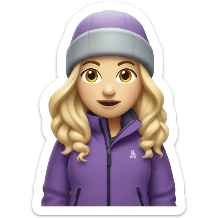 Chubby female long blonde hair skier with purpley-grey jacket and black pants showing whole body in high resolution sticker