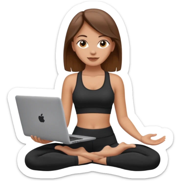 A white girl with brown hair who works remotely through her laptop and enjoys yoga sticker