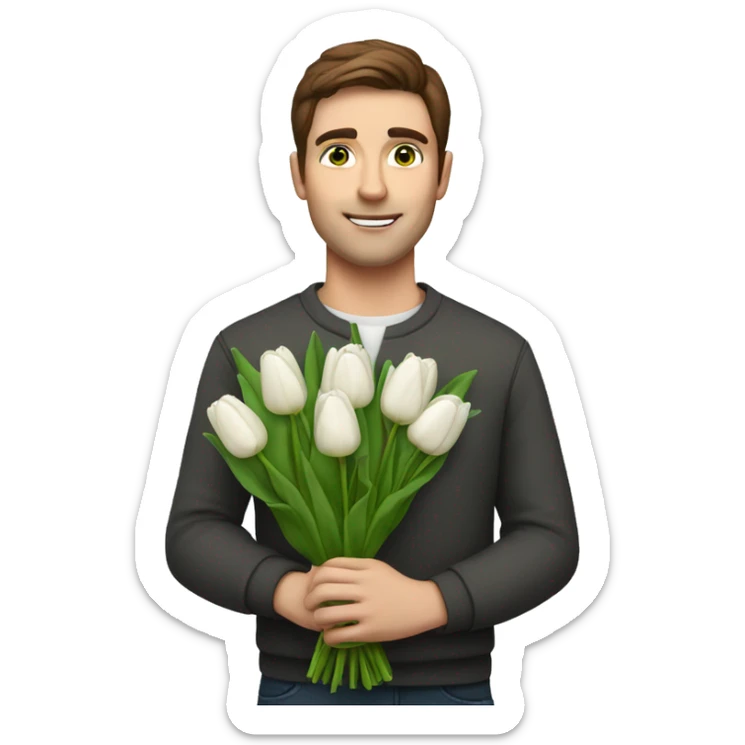man with brown hair and green eyes holding a bouquet of white tulips sticker