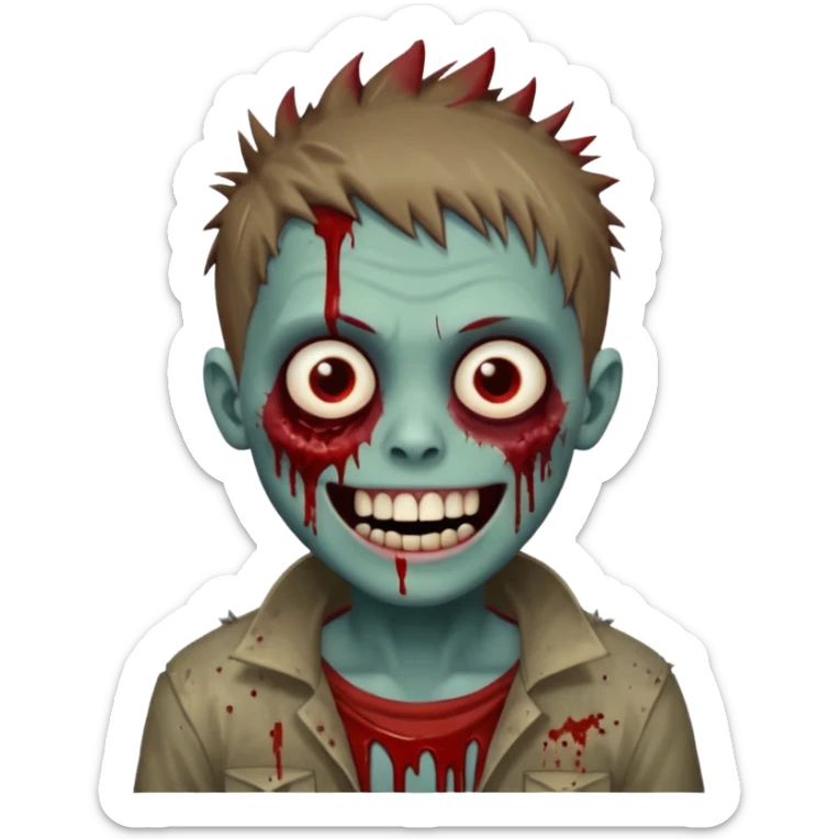 zombie boy with brown short spiky hair, white skin, and white eyes; an open smile, and bloodied teeth; sticker