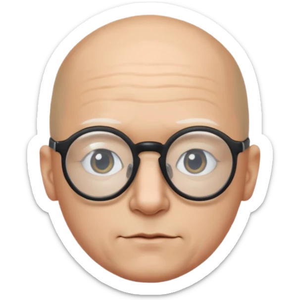 a guy who looks like kirby with a very round head, white skin and glasses almost bald, with like black glasses sticker