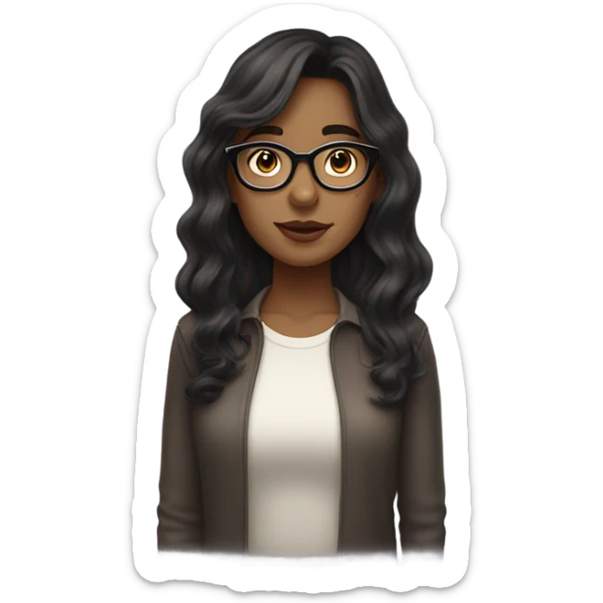 female nerd with medium long semi wavy hair with super dark brown hair and translucent glass frames and give her curtain bangs sticker
