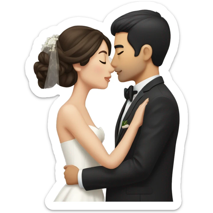 Bride with brunette hair and fair skin kissing groom with black hair and beige skin sticker